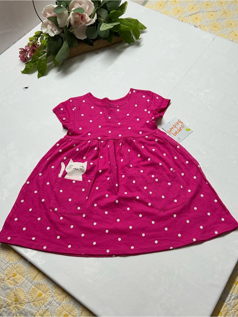 jumping beans Hot Pink Polka Dot Dress with Cat Pocket